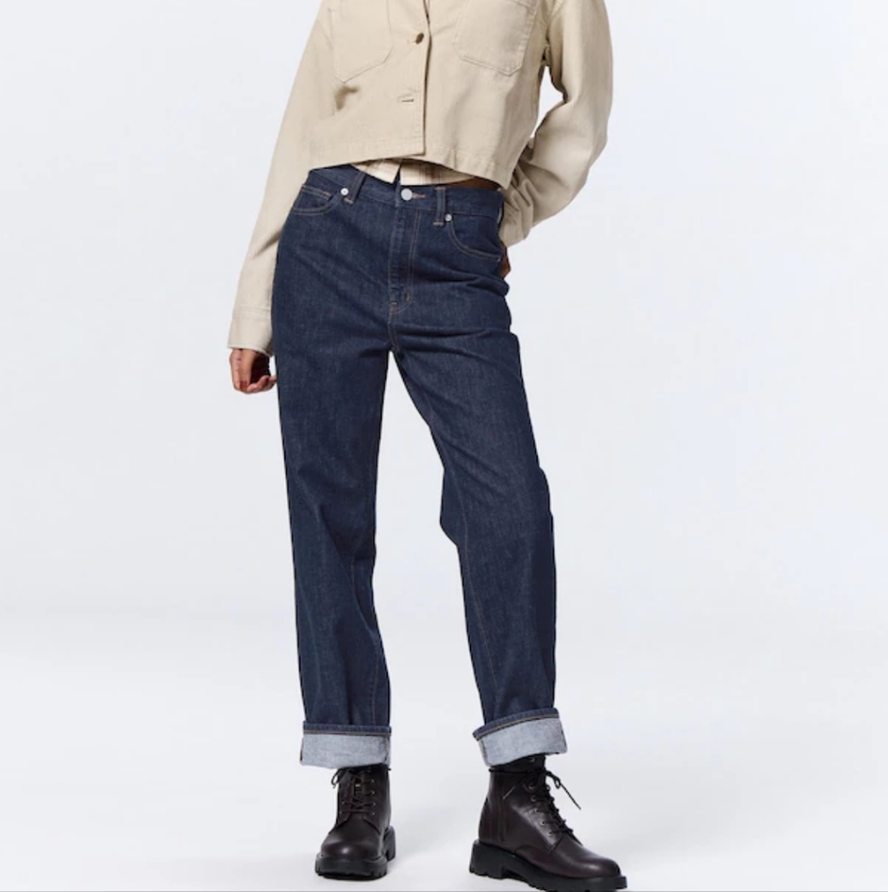 LIKE NEW GU Navy High Rise Straight Leg Jeans Size Large
